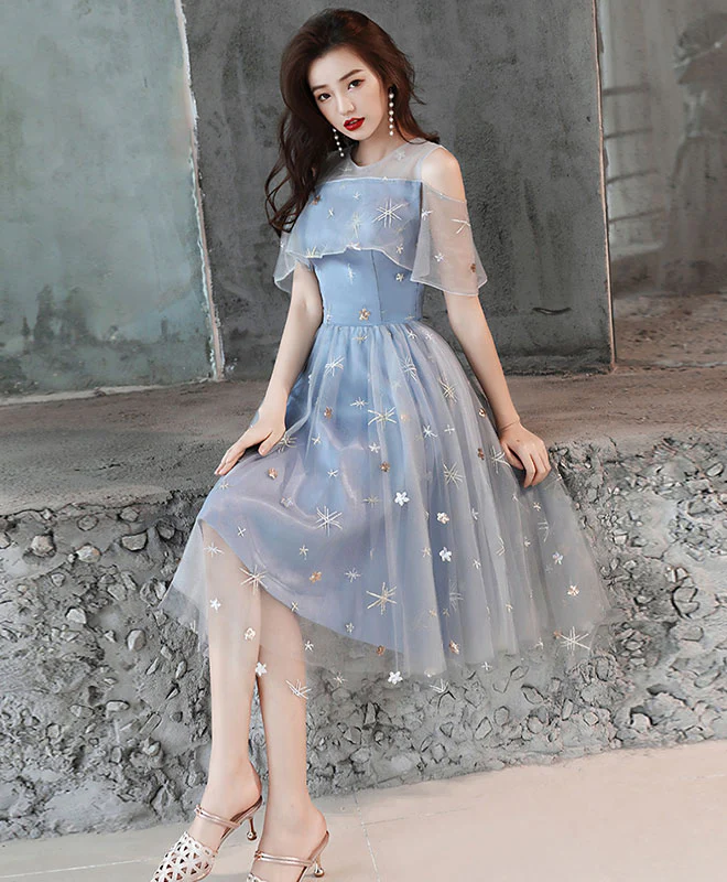 Gray Blue Tulle Lace Short Prom Dress, Gray Blue Homecoming Dress - Deanwangkt