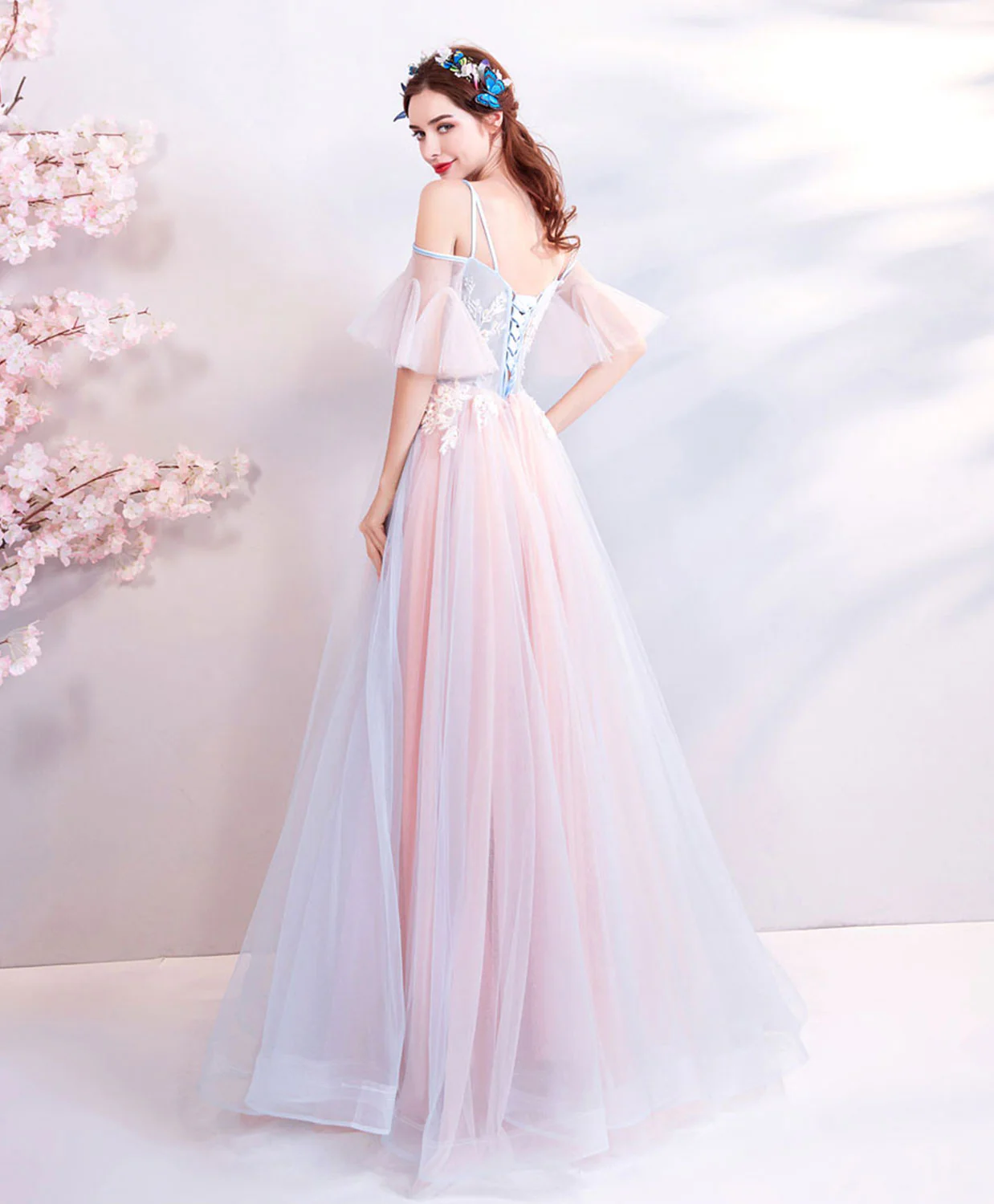Unique Pink Tulle Lace Applique Long Prom Dress, Pink Formal Party Dresses - Deanwangkt