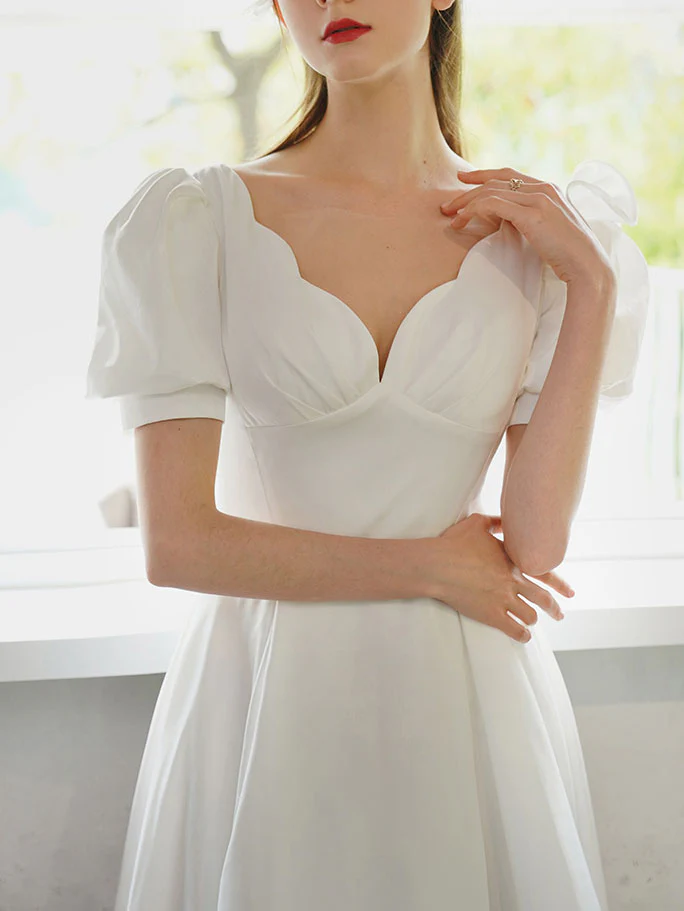 White V Neck Short Prom Dress, White Bridesmaid Dress - Deanwangkt