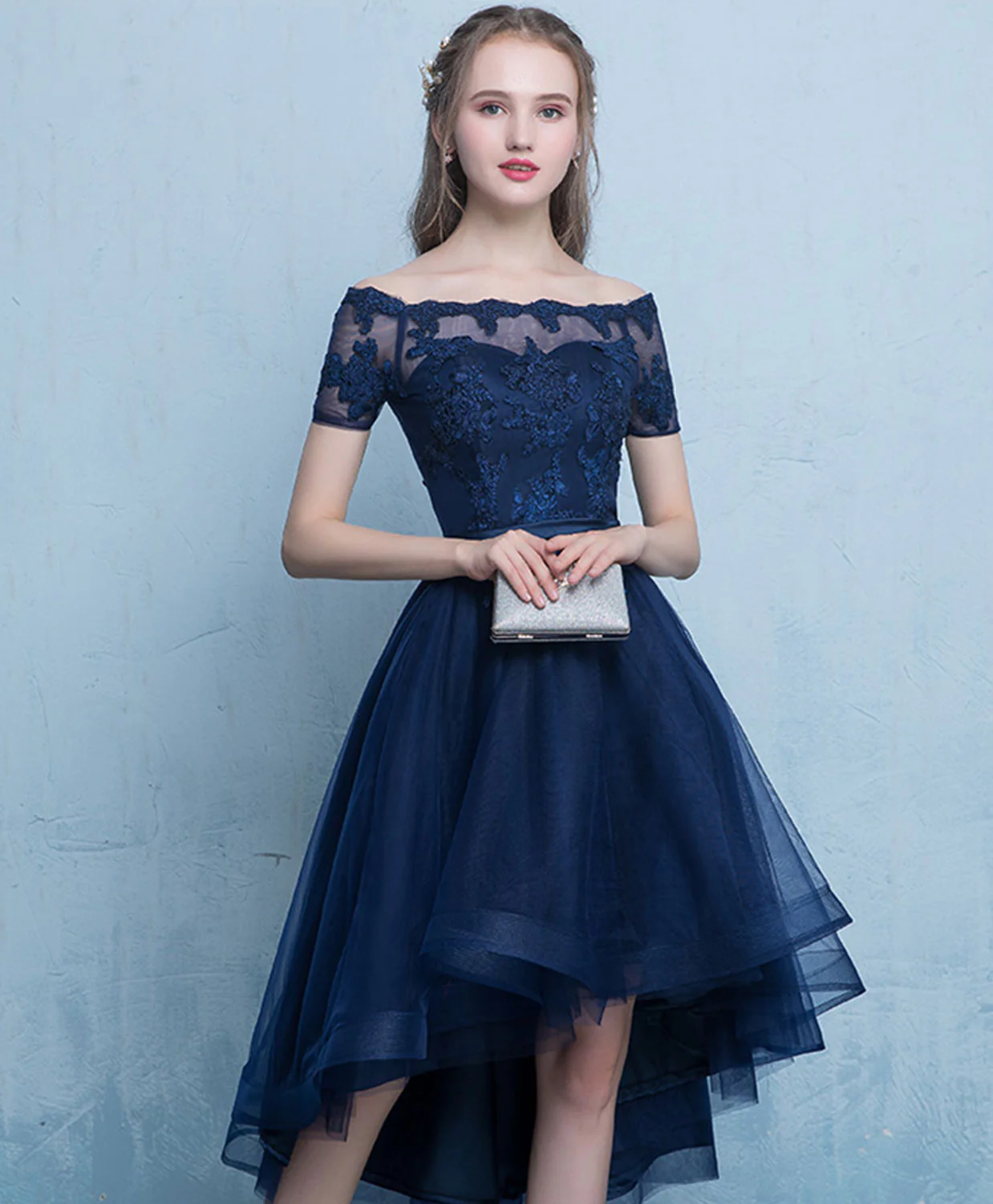 Dark Blue Lace Tulle Short Prom Dress, High Low Evening Dress - Deanwangkt