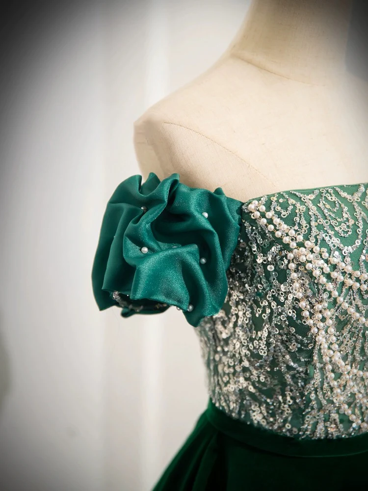 A-Line Velvet Sequin Beads Green Long Prom Dress, Velvet Green Long Formal Dress - Deanwangkt