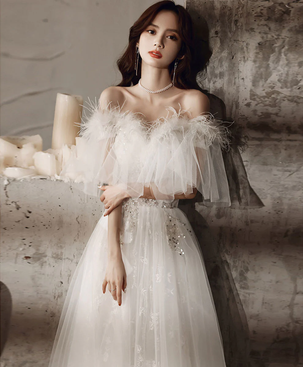 White Sweetheart Tulle Long Prom Dress, White Lace Long Graduation Dress - Deanwangkt