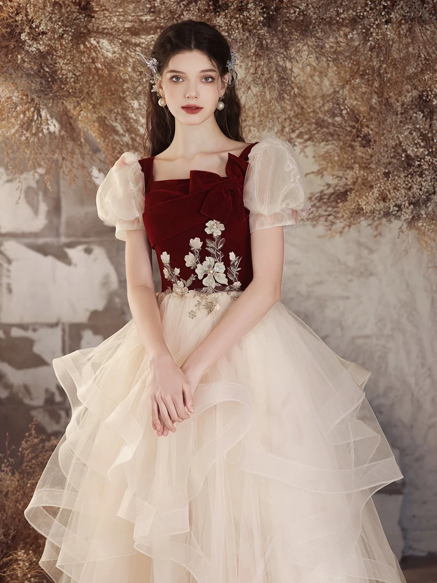 A-Line Tulle Velvet Burgundy/Champagne Long Prom Dress, Cute Sweet 16 Dress - Deanwangkt