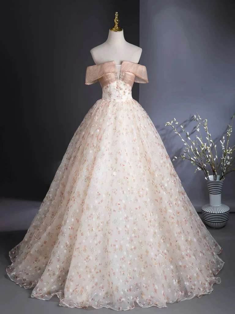 A-Line Off Shoulder Tulle Lace Champagne Long Prom Dress - Deanwangkt
