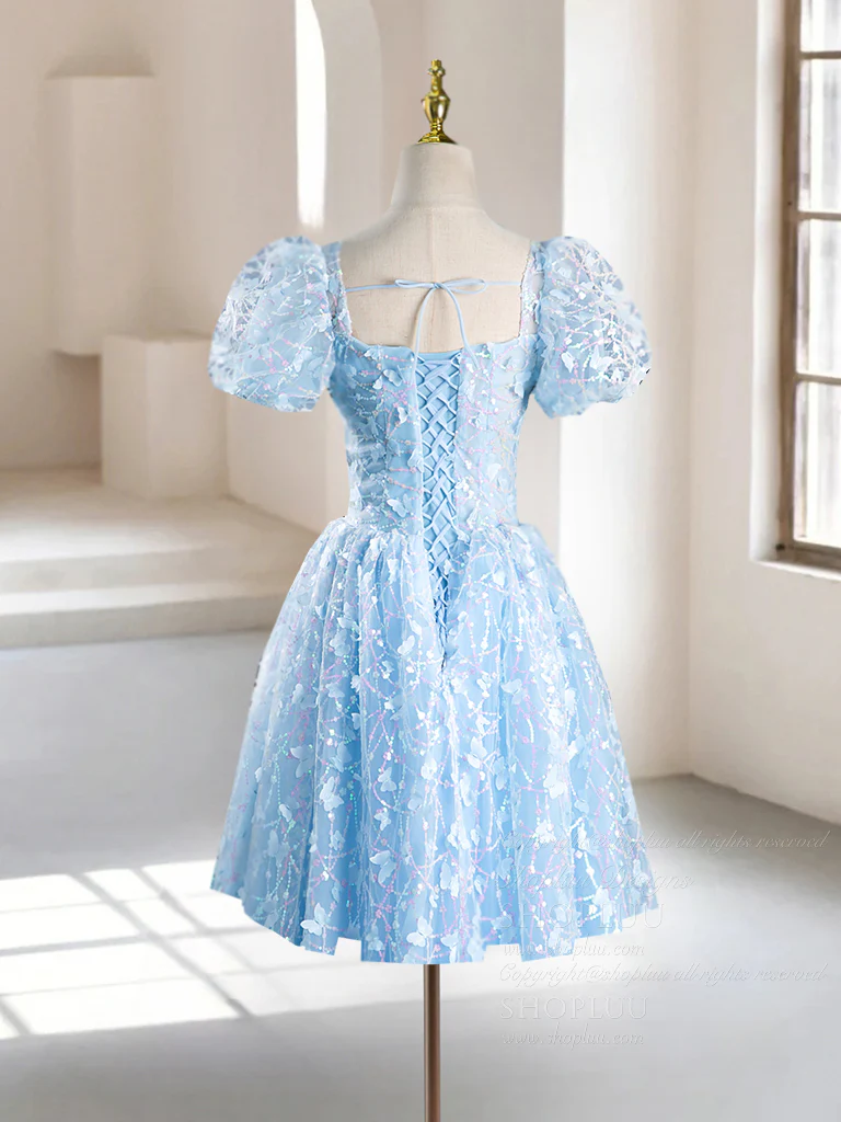 A-Line Puff Sleeves Tulle Lace Blue Short Prom Dress, Blue Homecoming Dress - Deanwangkt
