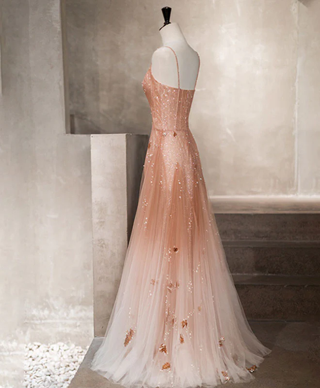 Unique Pink Tulle Long Prom Dress, Tulle Pink Evening Dress - Deanwangkt