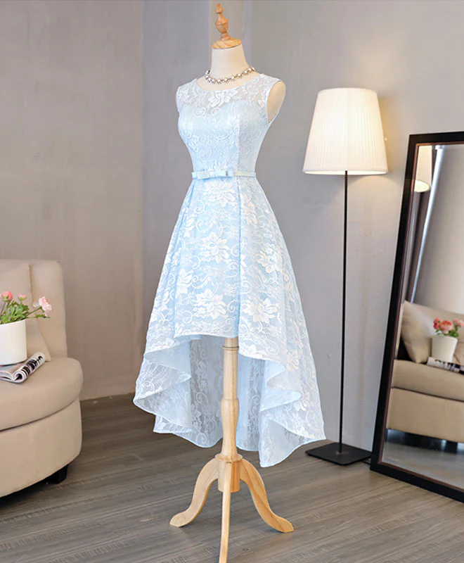 Light Blue Lace High Low Prom Dress, Homecoming Dress - Deanwangkt