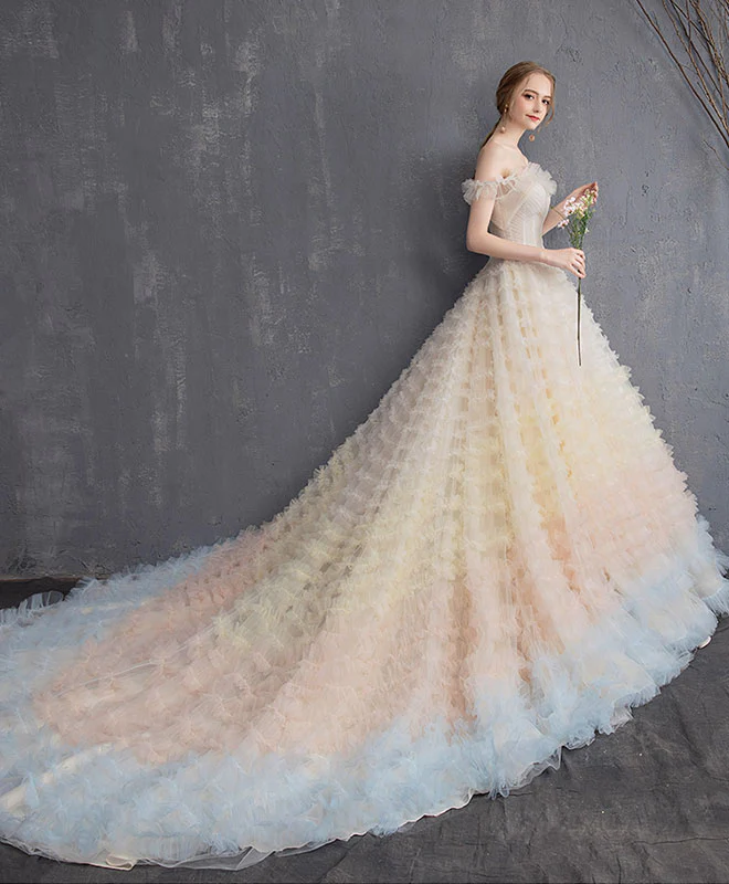 Champagne Sweetheart Tulle Long Prom Dress, Champagne Evening Dress - Deanwangkt