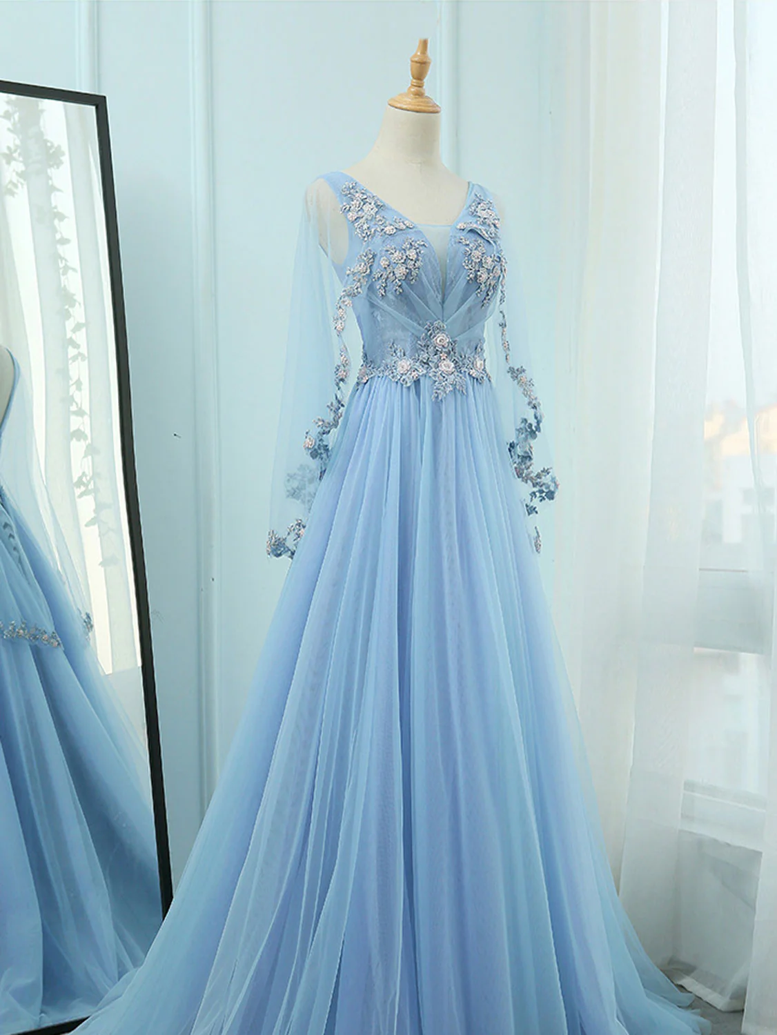 A-Line V Neck  Tulle Lace Blue Long Prom Dresses, Blue Formal Evening Dress - Deanwangkt