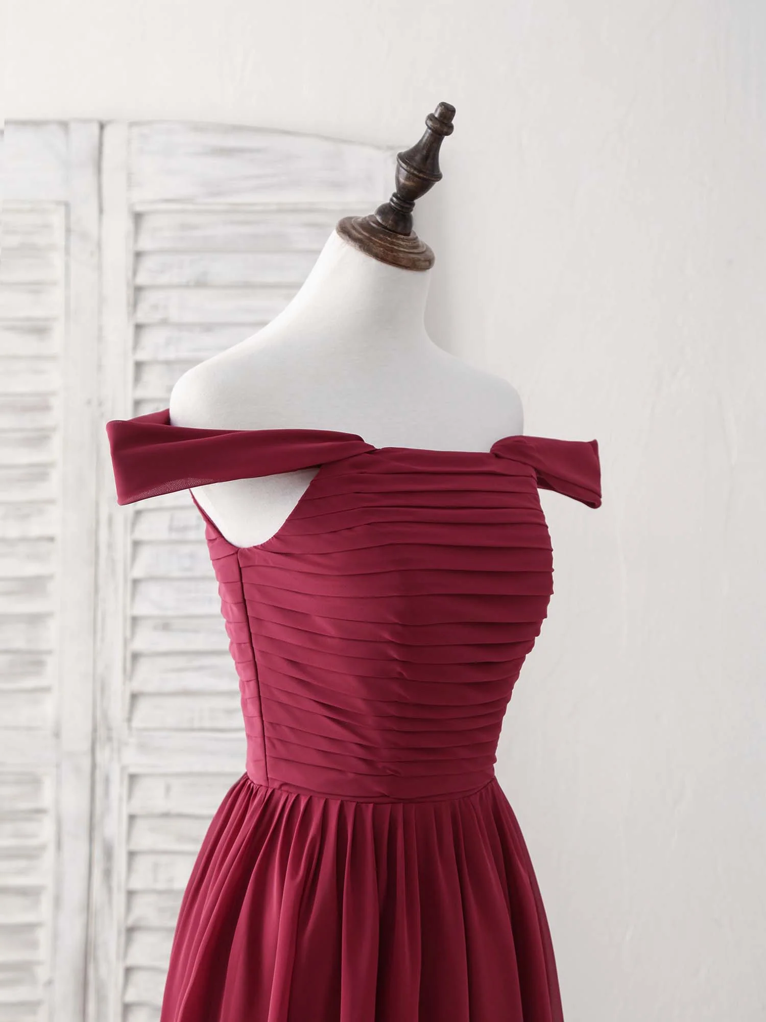 Burgundy Chiffon Off Shoulder Long Prom Dress Burgundy Bridesmaid Dress - Deanwangkt