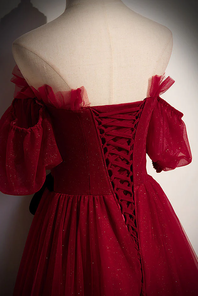 Simple Burgundy Tulle Long Prom Dress, A line Burgundy Evening Dresses - Deanwangkt