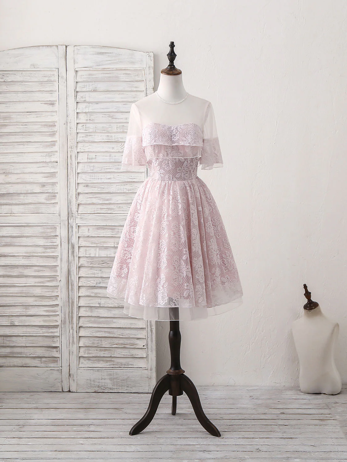 Pink Round Neck Lace Tulle Short Prom Dress, Pink Homecoming Dress - Deanwangkt