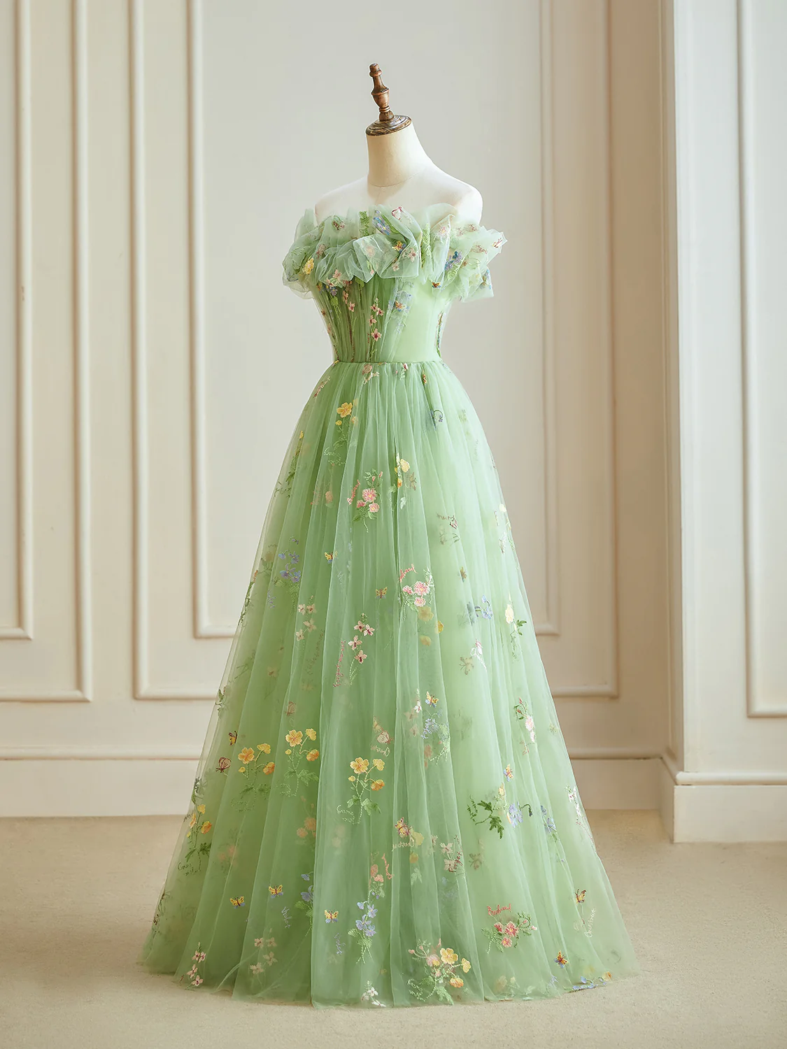 A-Line Off Shoulder Tulle Lace Green Long Prom Dress, Green Lace Long Formal Dress - Deanwangkt