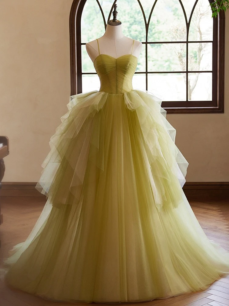 A-Line Sweetheart Neck Tulle Green Long Prom Dress, Green Long Formal Dress - Deanwangkt