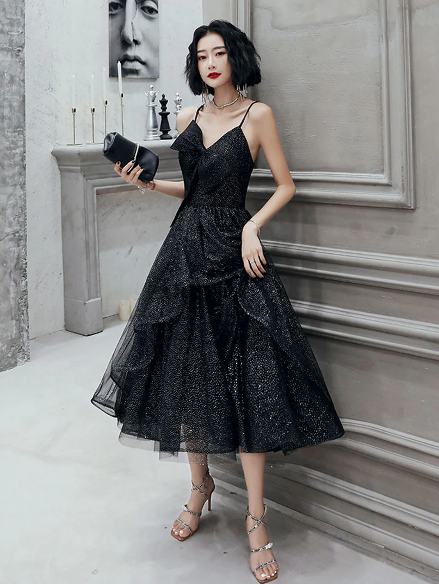 V Neck Tulle Sequin Short Black Prom Dresses, Black Tulle Homecoming Dresses - Deanwangkt