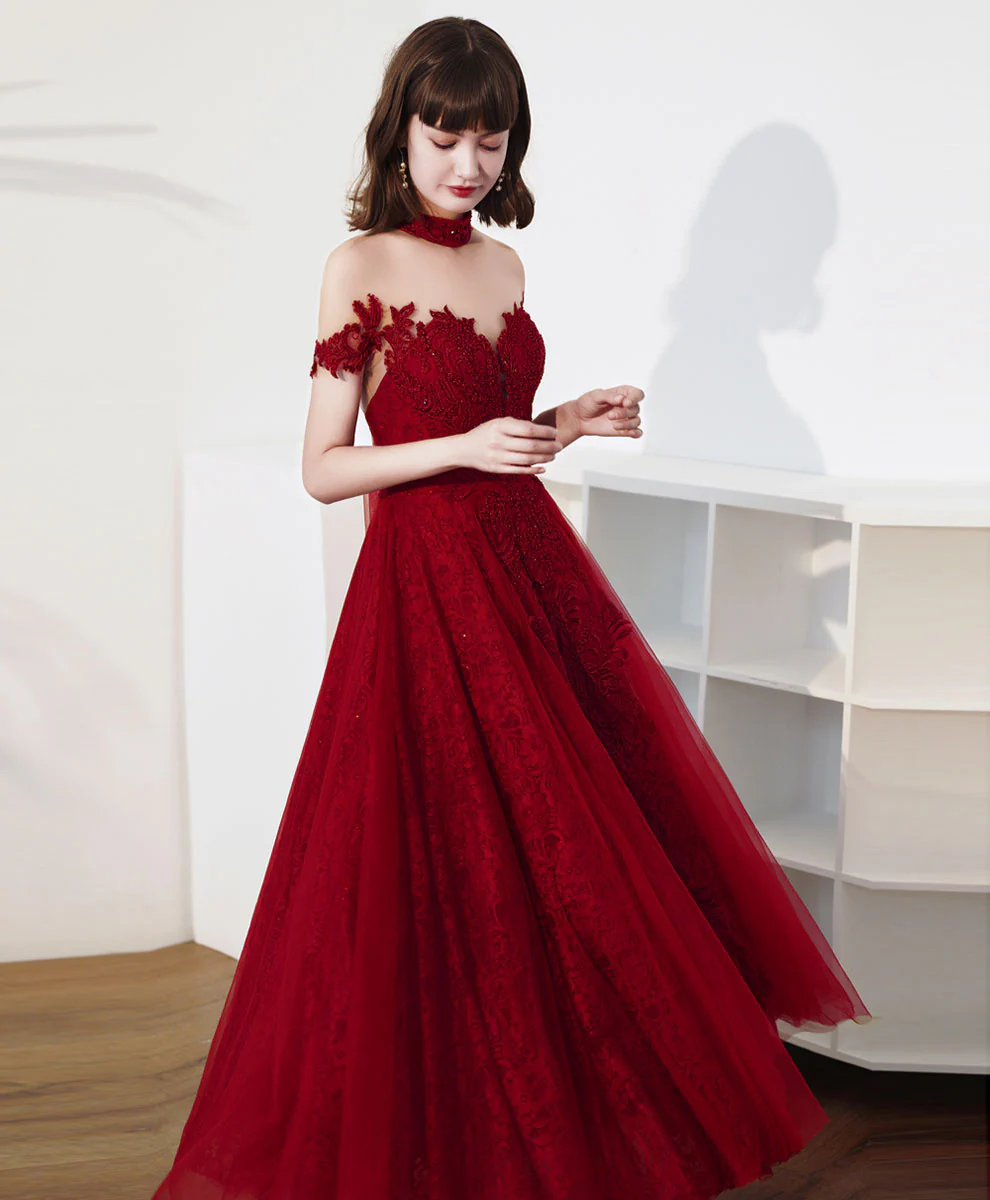 Burgundy High Neck Tulle Lace Tea Length Prom Dress, Lace Formal Evening Dress - Deanwangkt