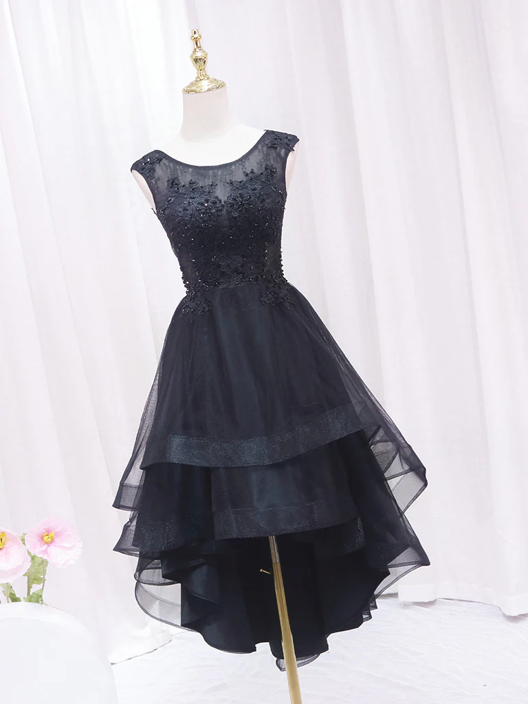 A-Line Lace Tulle Black Short Prom Dress, High Low Black Homecoming Dress - Deanwangkt