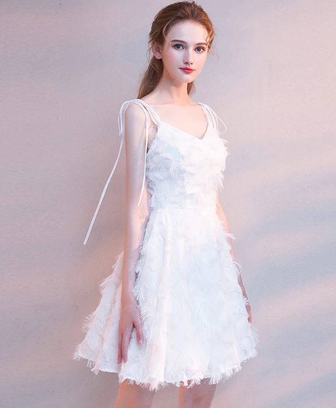 White V Neck Short Prom Dress, White Homecoming Dress - Deanwangkt