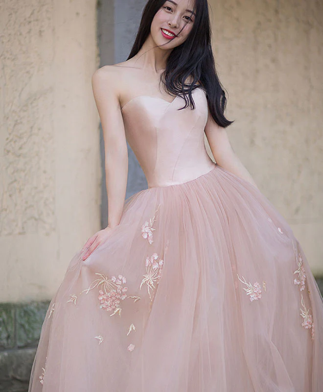 Simple Pink Tulle Long Prom Dress, Pink Tulle Formal Dress - Deanwangkt