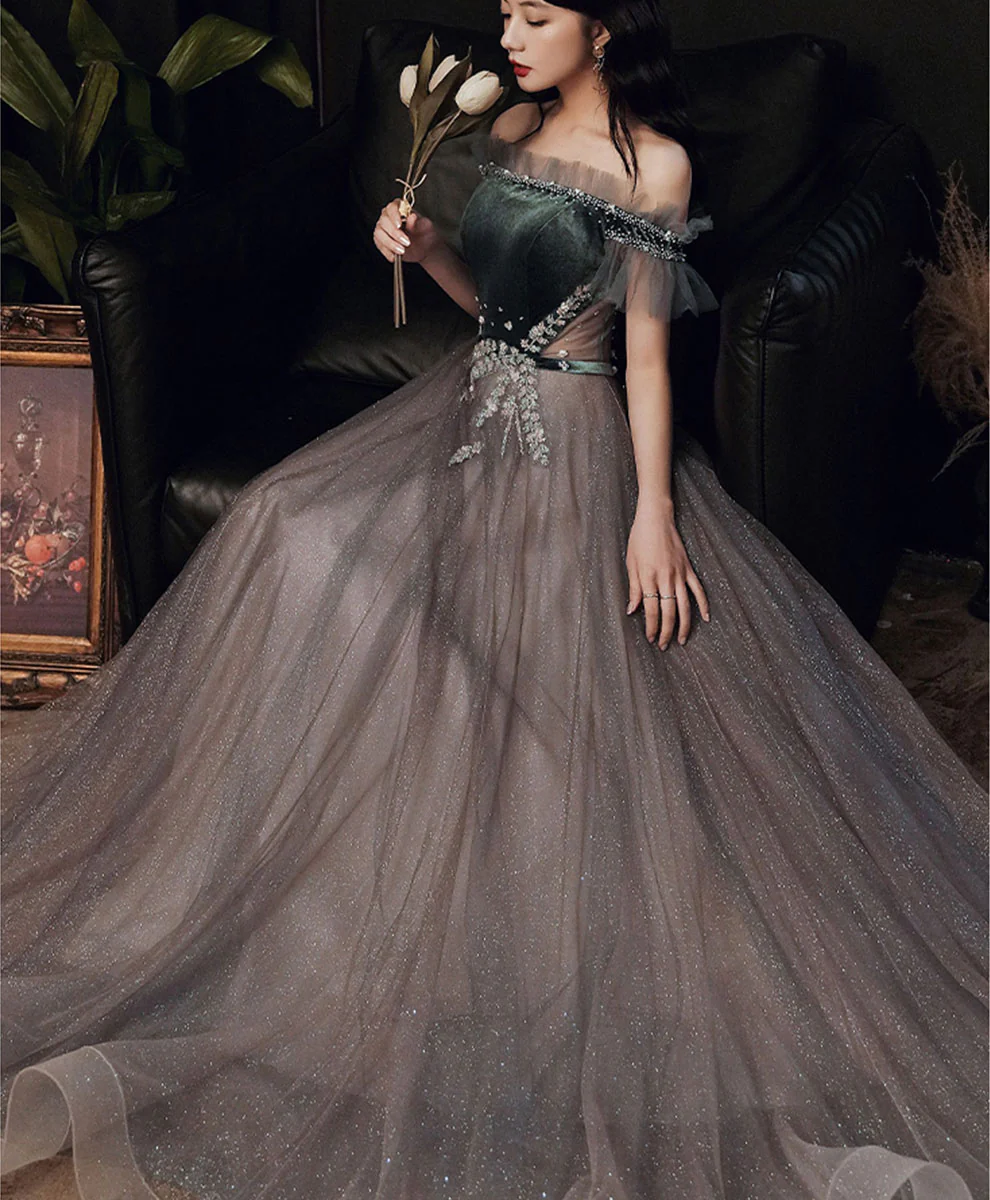 Green/Gray Sequin Long Prom Dresses, Green/Gray Formal Graduation Dress with Beading - Deanwangkt