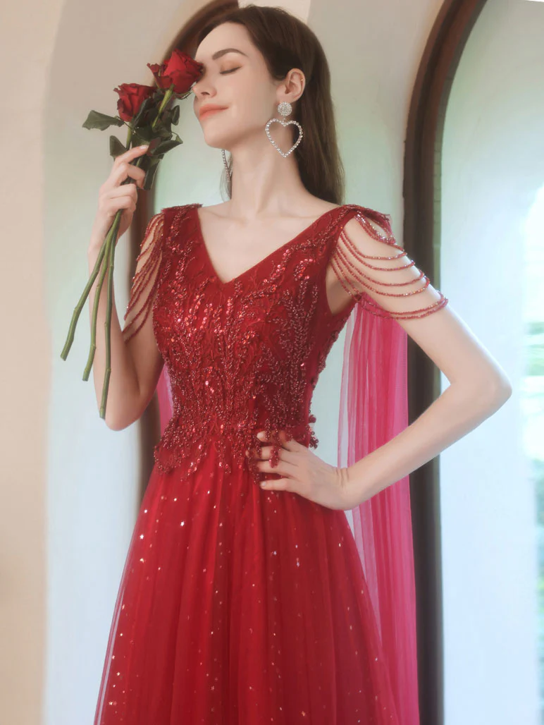 Burgundy V Neck Tulle Lace Beads Long Prom Dress, Burgundy Evening Dress - Deanwangkt