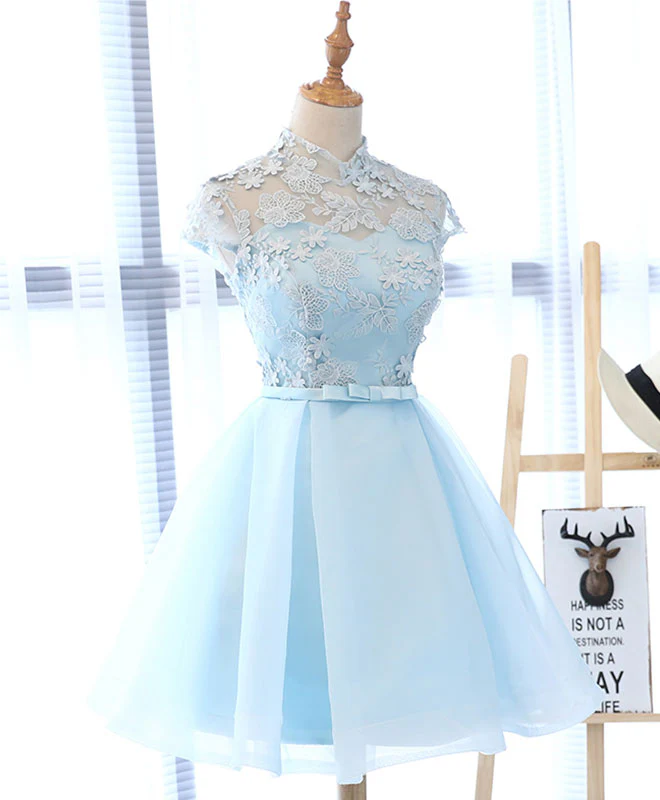 Cute Blue Lace Tulle Short Prom Dress. Cute Homecoming Dress - Deanwangkt