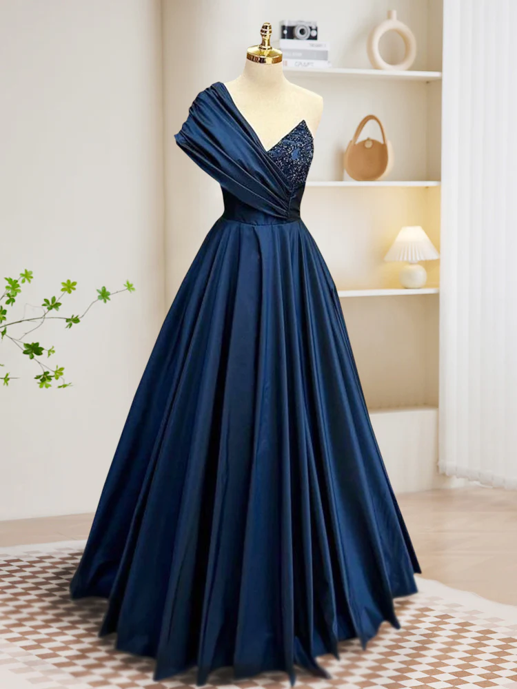 A-Line One Shoulder Satin Beads Dark Blue Long Prom Dress, Blue Long Evening Dress - Deanwangkt