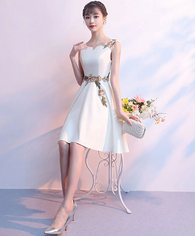 Simple Light Champagne Satin Applique Short Prom Dress, Cute Homecoming Dress - Deanwangkt