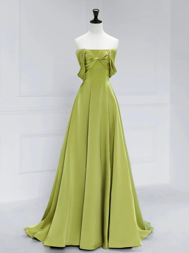 A-Line Satin Off Shoulder Green Long Prom Dress, Green Long Formal Dress - Deanwangkt