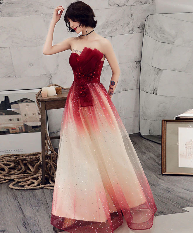 Burgundy Tulle Sequin Long Prom Dress, Tulle Evening Dress - Deanwangkt