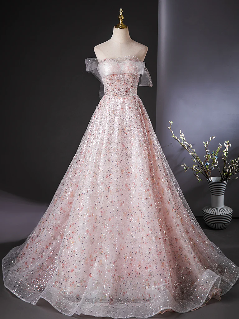 A-Line Tulle Lace Sequin Pink Long Prom Dress, Pink Long Evening Dress - Deanwangkt
