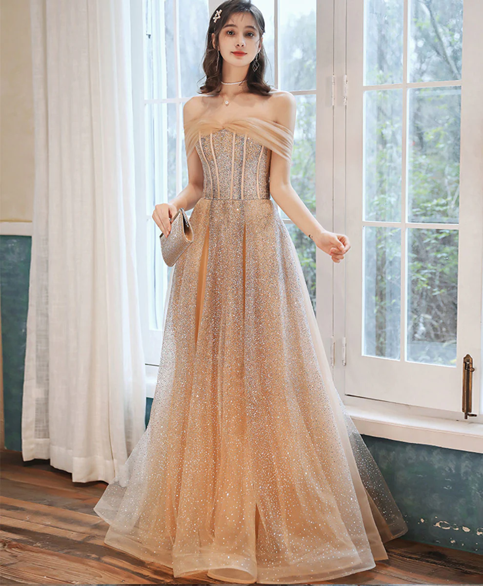 Champagne Tulle Sequin Long Prom Dress Tulle Formal Dress - Deanwangkt