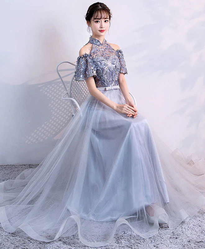 Unique Gray Tulle Applique Long Prom Dress, Gray Tulle Evening Dress - Deanwangkt