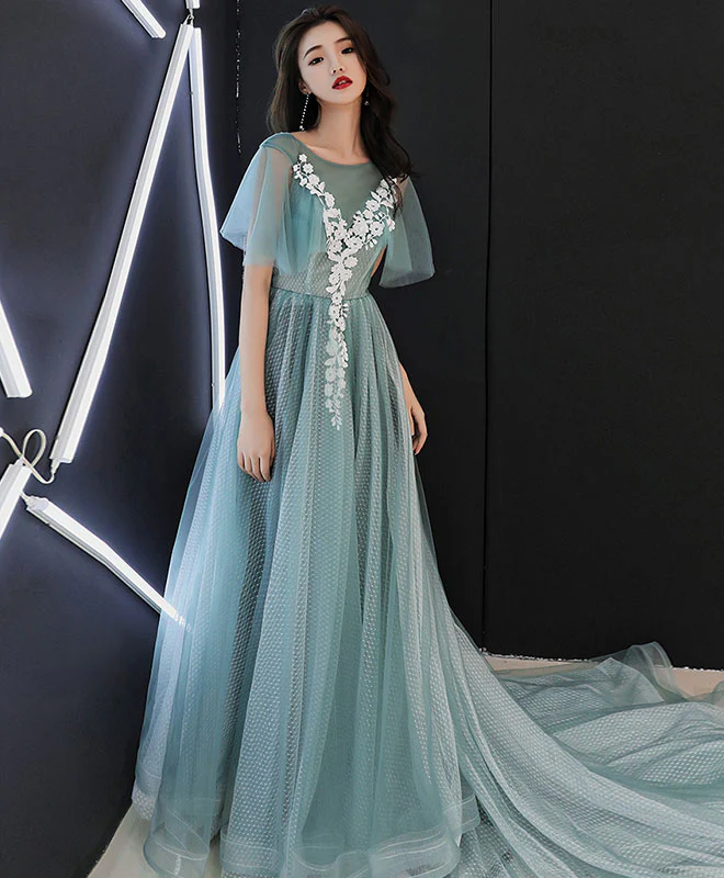 Green Round Neck Tulle Lace Long Prom Dress, Green Evening Dress - Deanwangkt