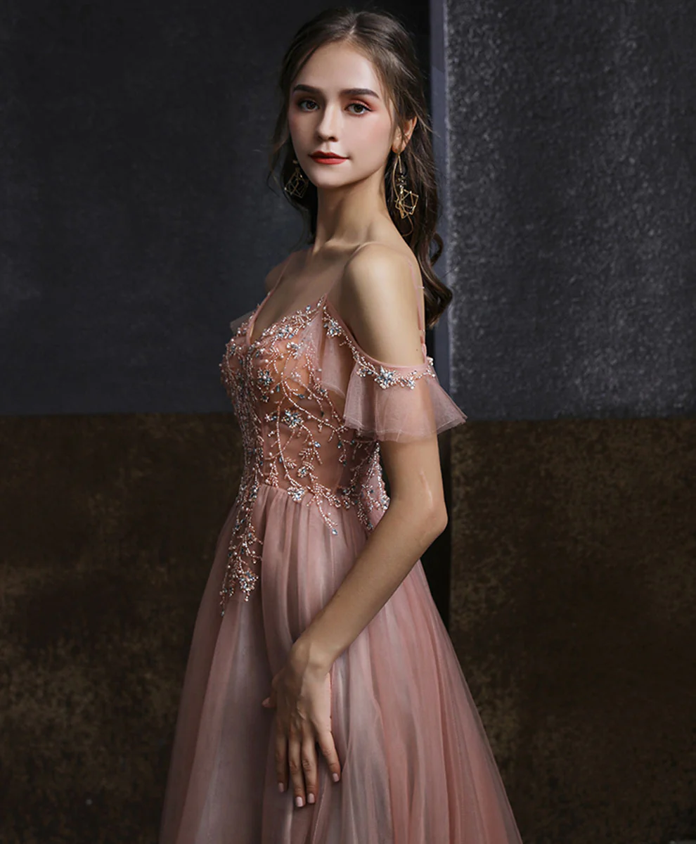 Pink V Neck Tulle Beading Long Prom Dress, Pink Formal Graduation Dresses - Deanwangkt