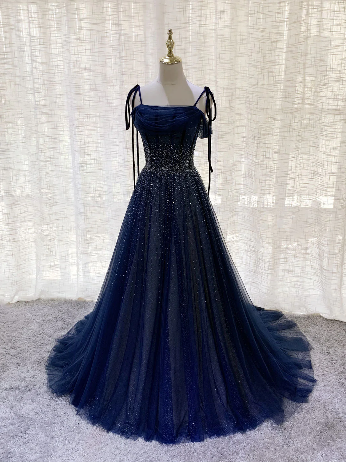 Dark Blue Tulle Sequin Long Prom Dress, Blue Tulle Formal Dress - Deanwangkt
