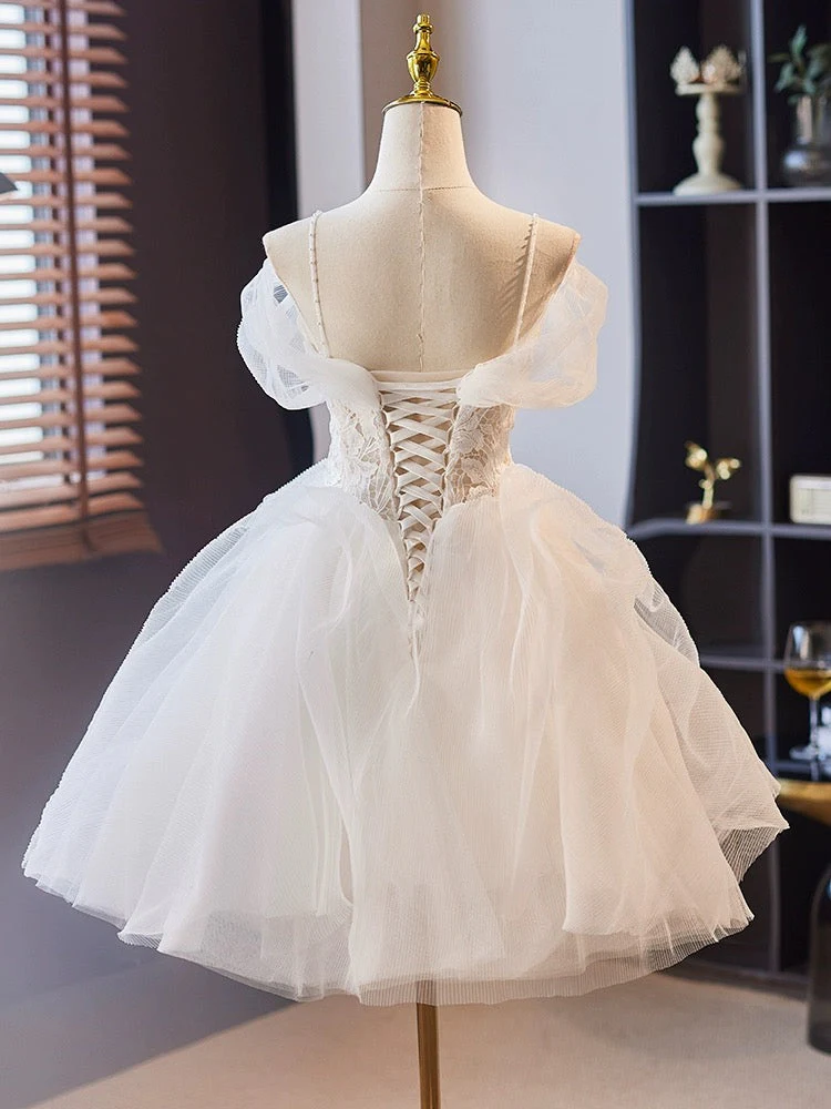 Off Shoulder Sweetheart Neck Tulle Lace White Short Prom Dress - Deanwangkt