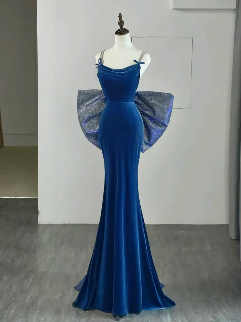 Simple Velvet Blue Mermaid Long Prom Dress, Backless Velvet Blue Evening Dress - Deanwangkt