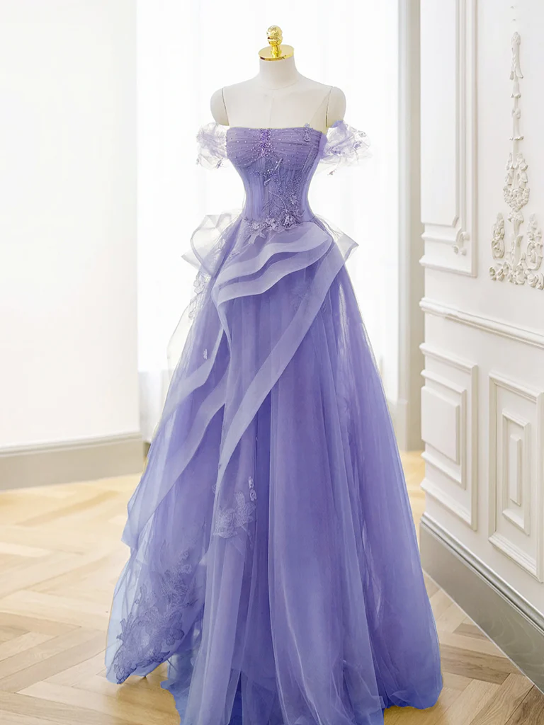 A-Line Off Shoulder Tulle Lace Purple Long Prom Dress, Purple Lace Long Formal Dress - Deanwangkt