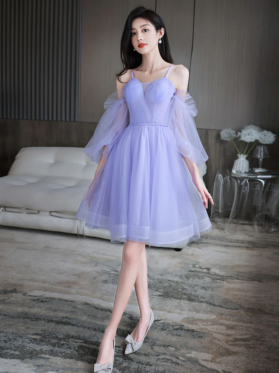 Purple Sweetheart Neck Tulle Short Prom Dress, Puffy Purple Homecoming Dresses - Deanwangkt
