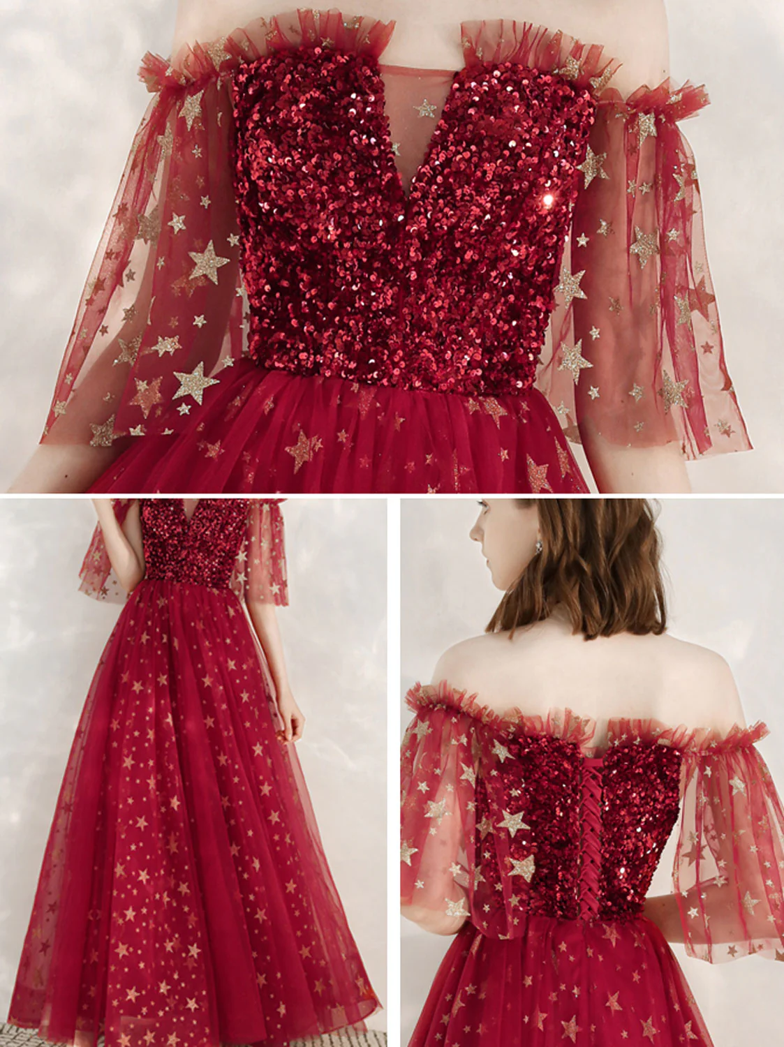 A-Line Burgundy Tulle Long Prom Dress, Burgundy Formal Evening Dresses - Deanwangkt