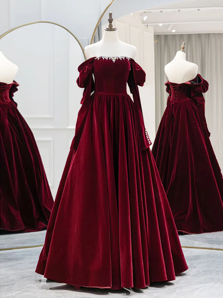 A-Line Long Sleeves Velvet Burgundy Long Prom Dress, Burgundy Long Evening Dress with Beads - Deanwangkt