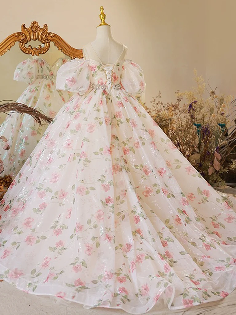 A-Line Off Shoulder Tulle Lace Champagne Long Flower Girl Dress - Deanwangkt