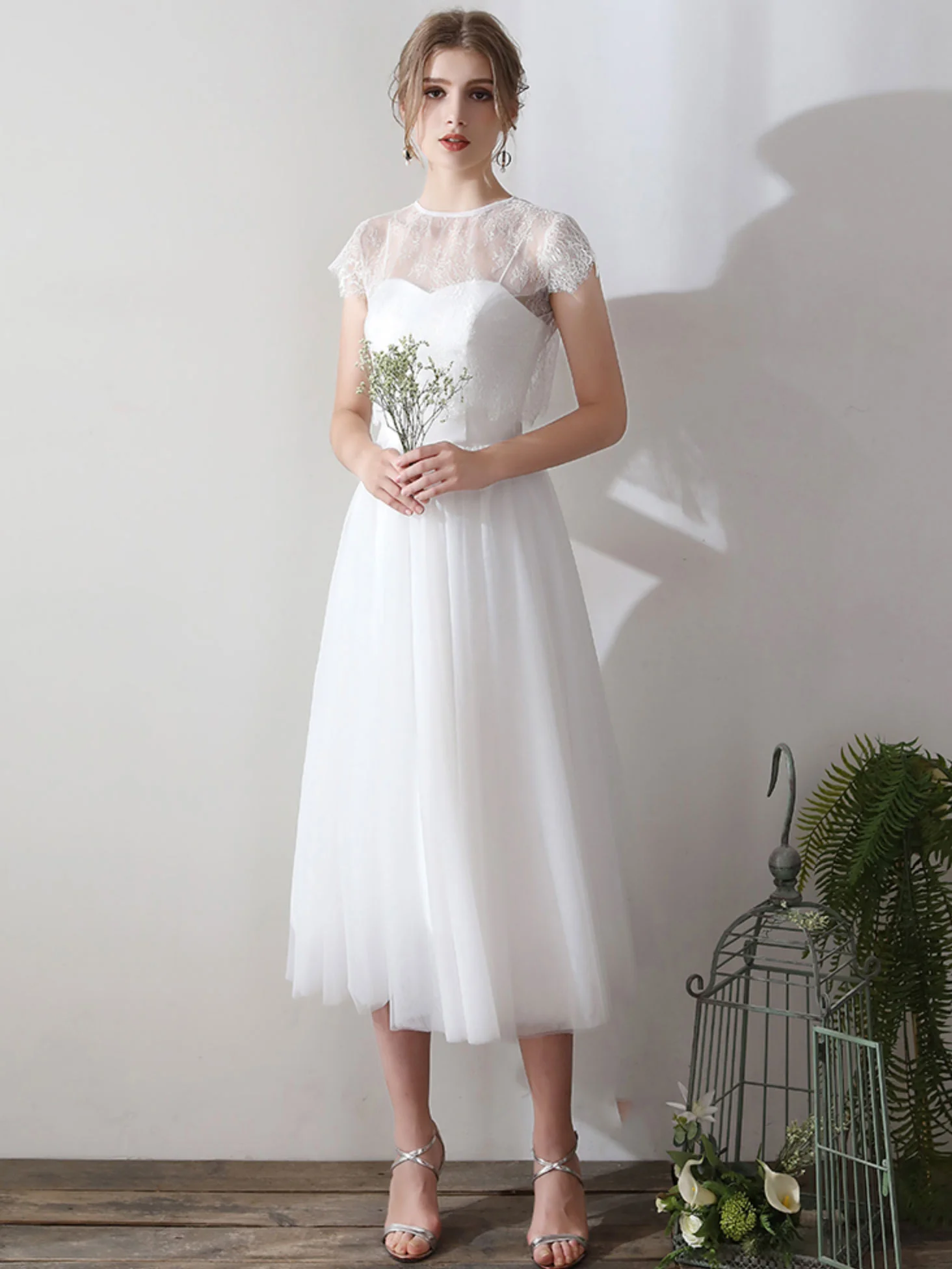 White Lace Short Bridesmaid Dress, Two Pieces Wedding Party Dresses - Deanwangkt