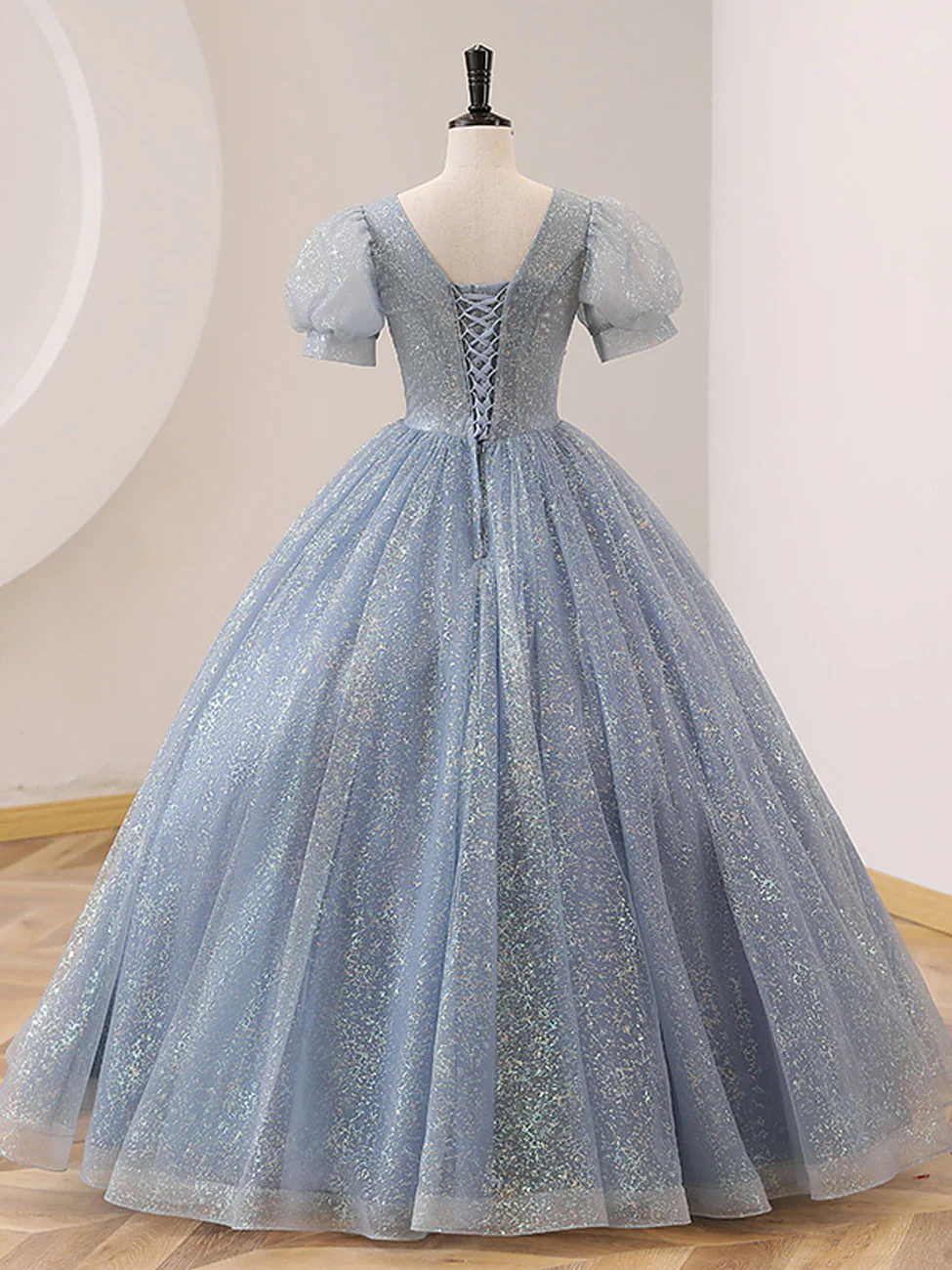 V Neck Tulle Sequin Gray Blue Long Prom Dress, Gray Blue Formal Sweet 16 Dress - Deanwangkt