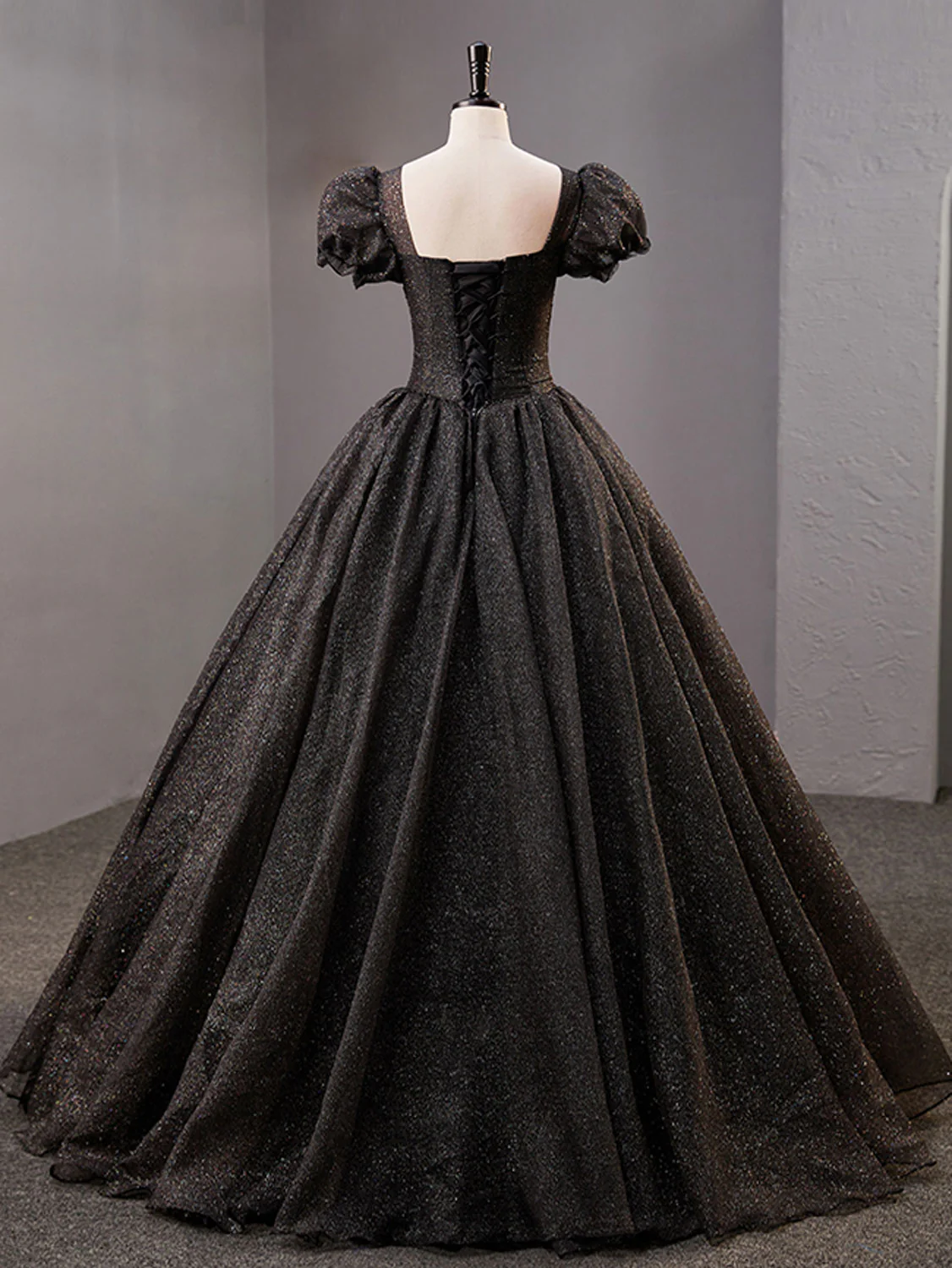 Black Square Neckline Tulle Long Prom Dresses, Shiny Tulle Black Evening Dress - Deanwangkt