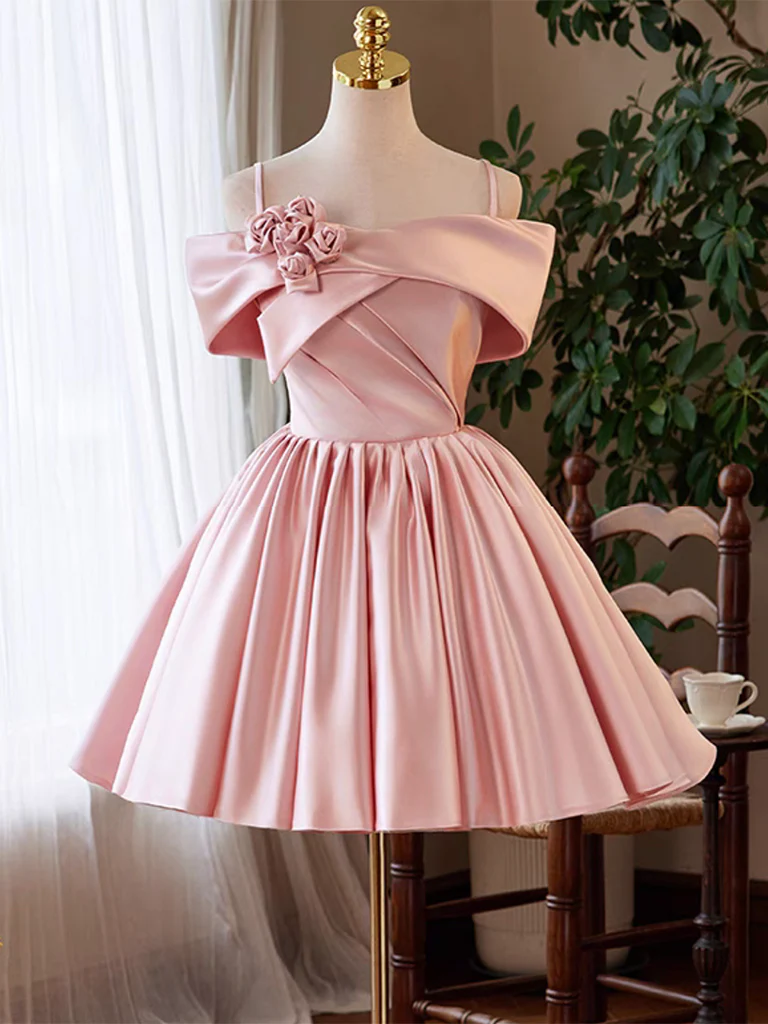 A-line Off Shoulder Satin Pink Short Prom Dress, Pink Homecoming dress - Deanwangkt