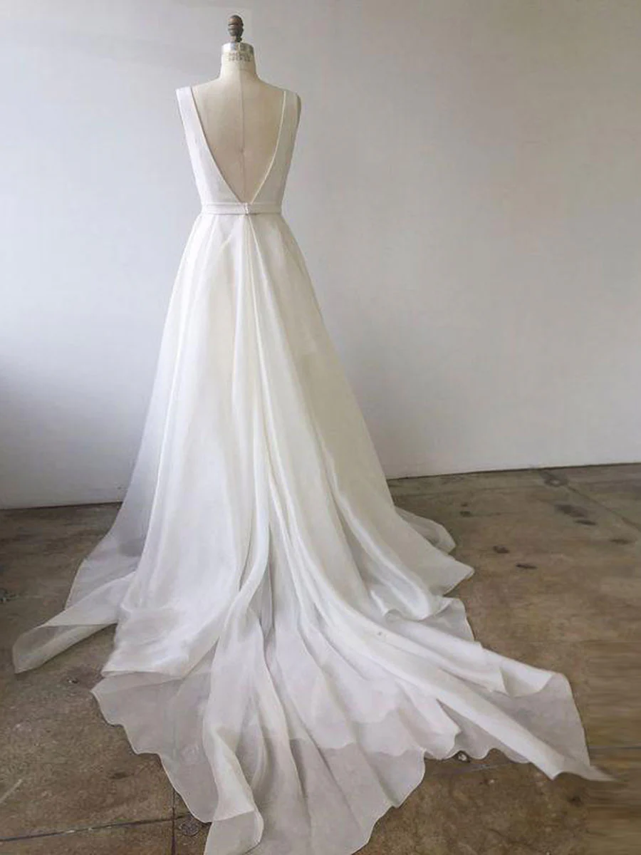 Simple White V Neck Tulle Long Prom Dress, White Evening Dress - Deanwangkt