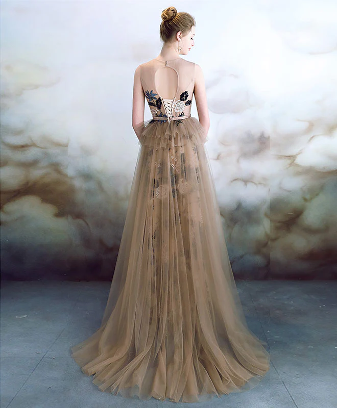 Unique Tulle Lace Long Prom Dress, Lace Applique Evening Dress - Deanwangkt