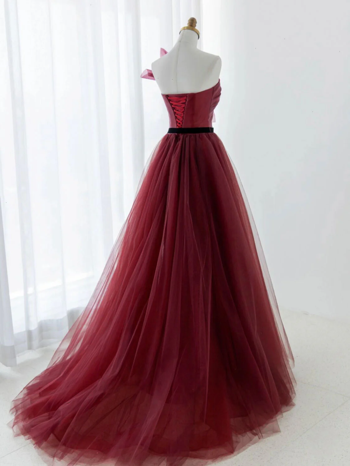 A-Line Tulle Burgundy Long Prom Dress, Burgundy Formal Evening Dress - Deanwangkt